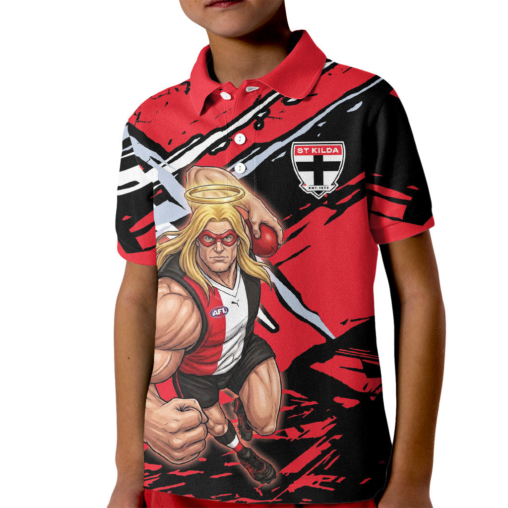 St Kilda Football Club Kid Polo Shirt Saints Muscular Mascot Graphic - Abstract Paint Splatter Art