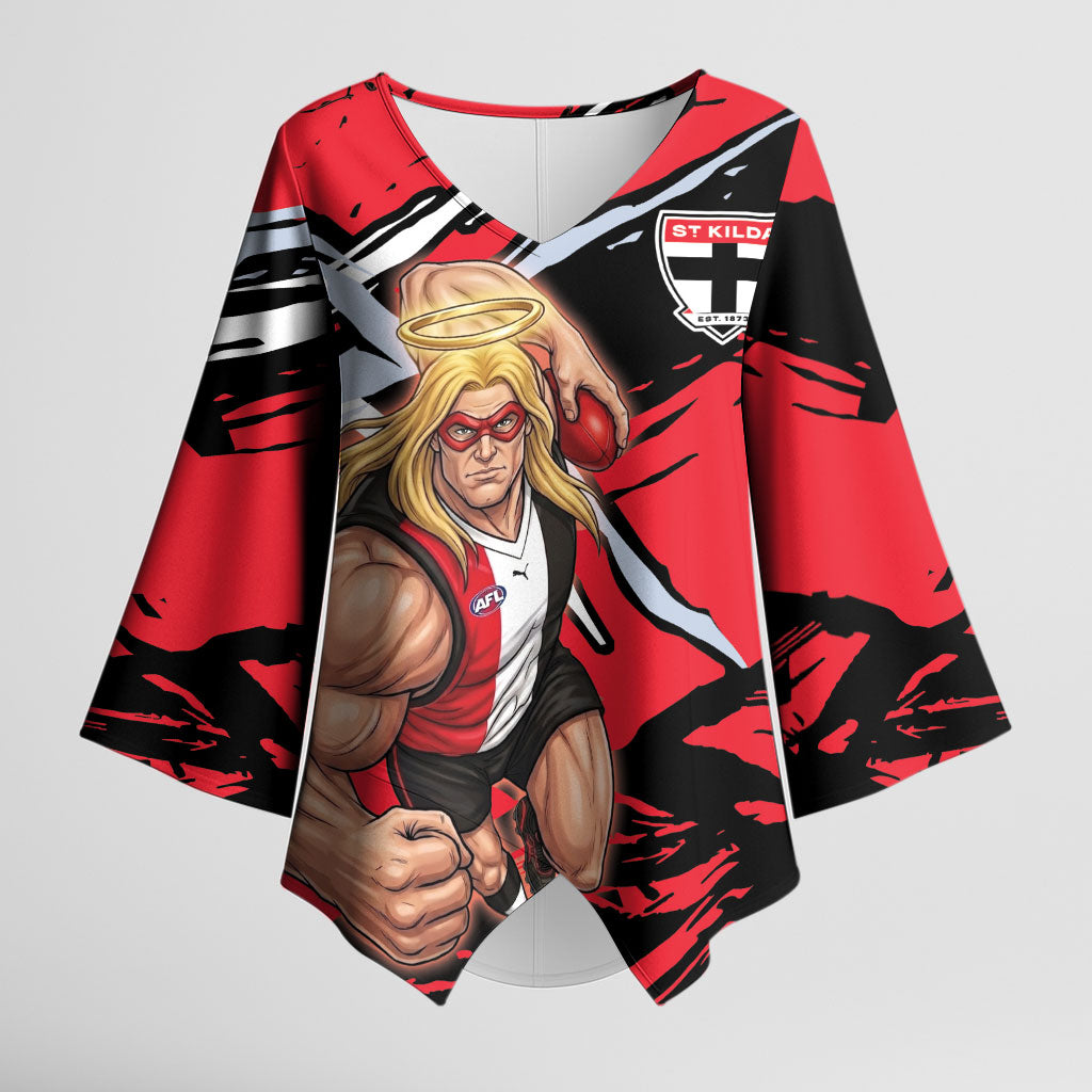 St Kilda Football Club Kimono Sleeve Blouse Saints Muscular Mascot Graphic - Abstract Paint Splatter Art