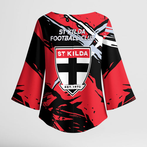 St Kilda Football Club Kimono Sleeve Blouse Saints Muscular Mascot Graphic - Abstract Paint Splatter Art