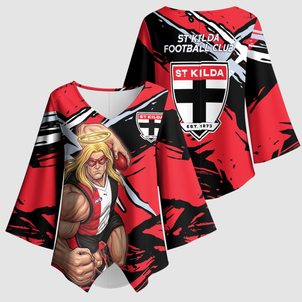 St Kilda Football Club Kimono Sleeve Blouse Saints Muscular Mascot Graphic - Abstract Paint Splatter Art