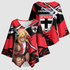 St Kilda Football Club Kimono Sleeve Blouse Saints Muscular Mascot Graphic - Abstract Paint Splatter Art