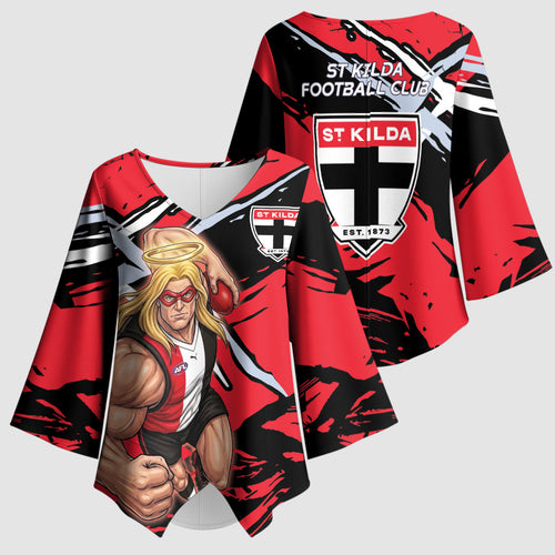 St Kilda Football Club Kimono Sleeve Blouse Saints Muscular Mascot Graphic - Abstract Paint Splatter Art