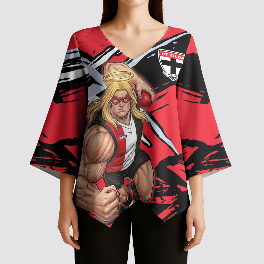 St Kilda Football Club Kimono Sleeve Blouse Saints Muscular Mascot Graphic - Abstract Paint Splatter Art