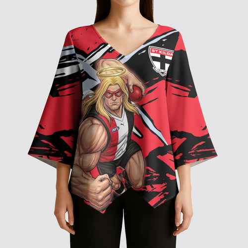 St Kilda Football Club Kimono Sleeve Blouse Saints Muscular Mascot Graphic - Abstract Paint Splatter Art