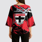 St Kilda Football Club Kimono Sleeve Blouse Saints Muscular Mascot Graphic - Abstract Paint Splatter Art