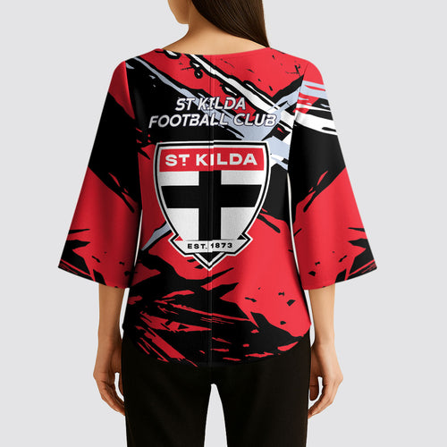 St Kilda Football Club Kimono Sleeve Blouse Saints Muscular Mascot Graphic - Abstract Paint Splatter Art