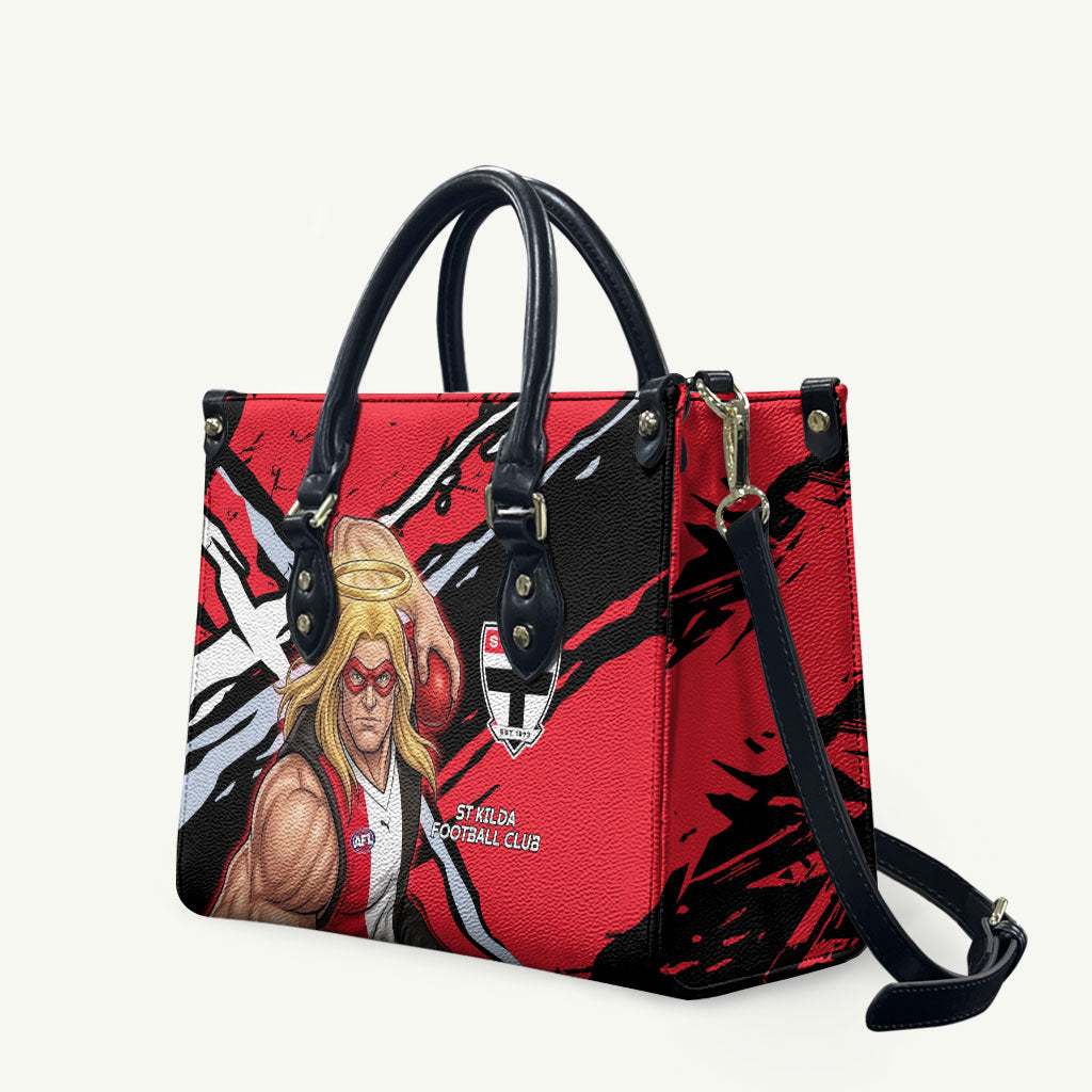 St Kilda Football Club Leather Bag Saints Muscular Mascot Graphic - Abstract Paint Splatter Art