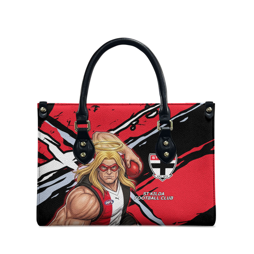 St Kilda Football Club Leather Bag Saints Muscular Mascot Graphic - Abstract Paint Splatter Art