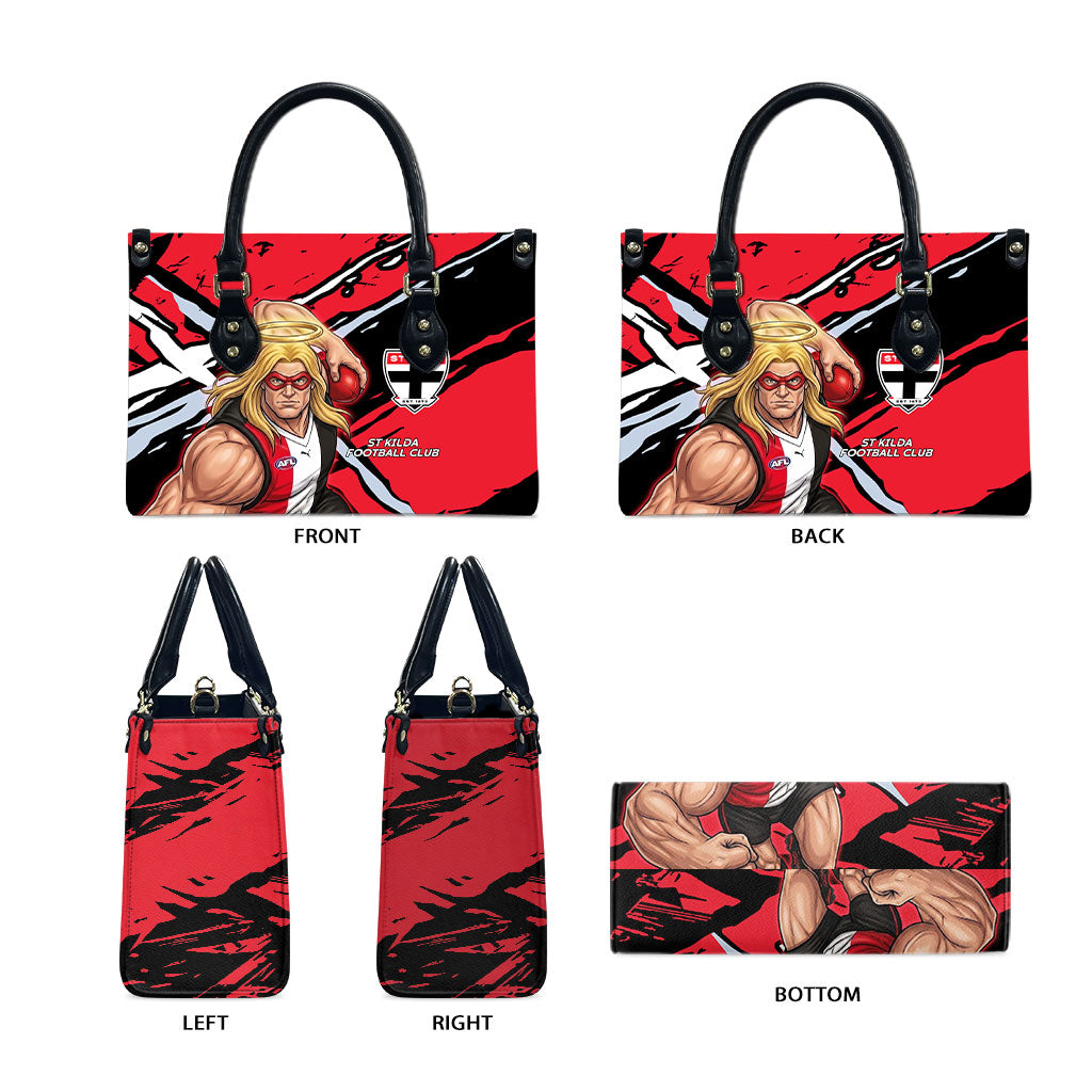 St Kilda Football Club Leather Bag Saints Muscular Mascot Graphic - Abstract Paint Splatter Art