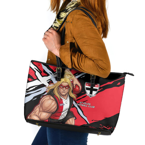 St Kilda Football Club Leather Tote Bag Saints Muscular Mascot Graphic - Abstract Paint Splatter Art