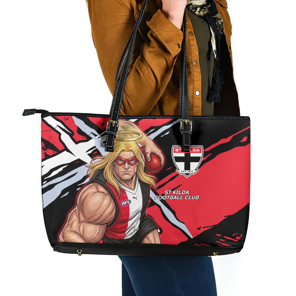 St Kilda Football Club Leather Tote Bag Saints Muscular Mascot Graphic - Abstract Paint Splatter Art