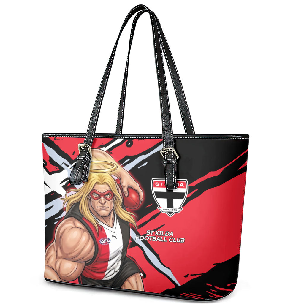 St Kilda Football Club Leather Tote Bag Saints Muscular Mascot Graphic - Abstract Paint Splatter Art