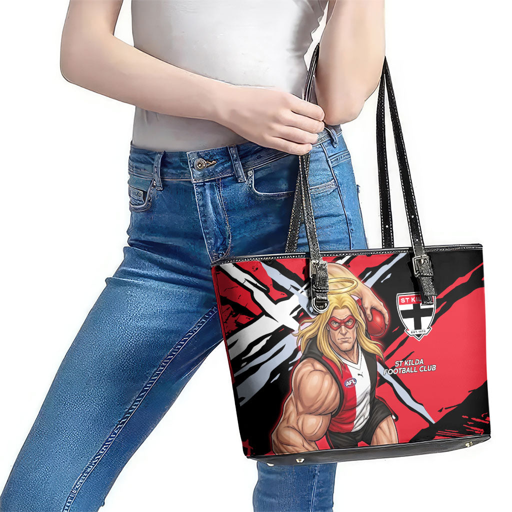 St Kilda Football Club Leather Tote Bag Saints Muscular Mascot Graphic - Abstract Paint Splatter Art