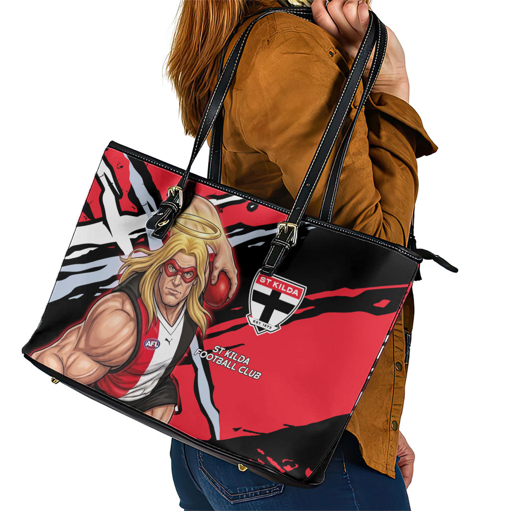 St Kilda Football Club Leather Tote Bag Saints Muscular Mascot Graphic - Abstract Paint Splatter Art