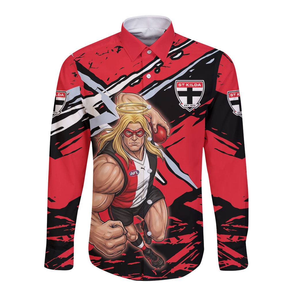 St Kilda Football Club Long Sleeve Button Shirt Saints Muscular Mascot Graphic - Abstract Paint Splatter Art
