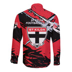 St Kilda Football Club Long Sleeve Button Shirt Saints Muscular Mascot Graphic - Abstract Paint Splatter Art