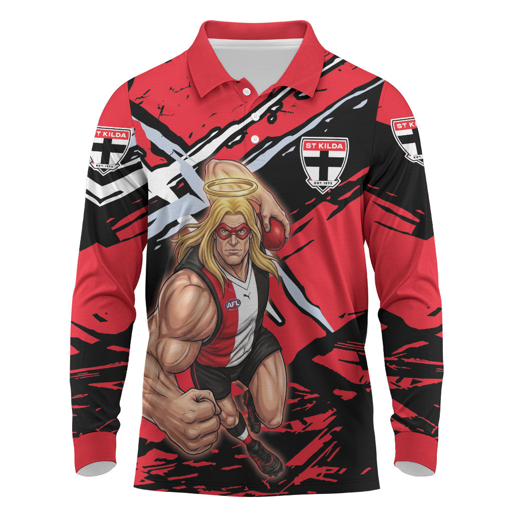 St Kilda Football Club Long Sleeve Polo Shirt Saints Muscular Mascot Graphic - Abstract Paint Splatter Art