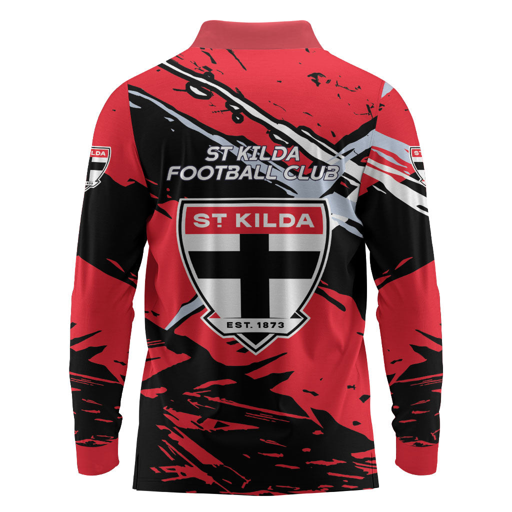 St Kilda Football Club Long Sleeve Polo Shirt Saints Muscular Mascot Graphic - Abstract Paint Splatter Art
