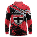 St Kilda Football Club Long Sleeve Polo Shirt Saints Muscular Mascot Graphic - Abstract Paint Splatter Art