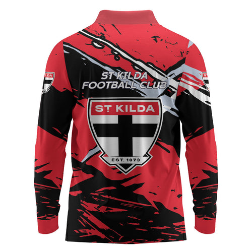 St Kilda Football Club Long Sleeve Polo Shirt Saints Muscular Mascot Graphic - Abstract Paint Splatter Art