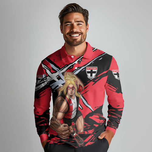 St Kilda Football Club Long Sleeve Polo Shirt Saints Muscular Mascot Graphic - Abstract Paint Splatter Art
