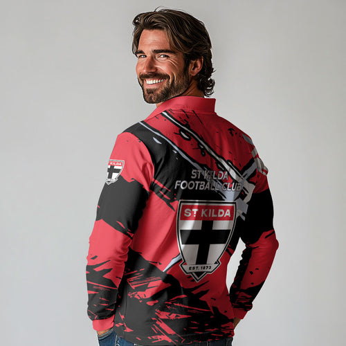 St Kilda Football Club Long Sleeve Polo Shirt Saints Muscular Mascot Graphic - Abstract Paint Splatter Art