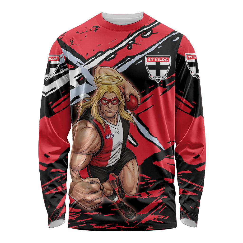 St Kilda Football Club Long Sleeve Shirt Saints Muscular Mascot Graphic - Abstract Paint Splatter Art