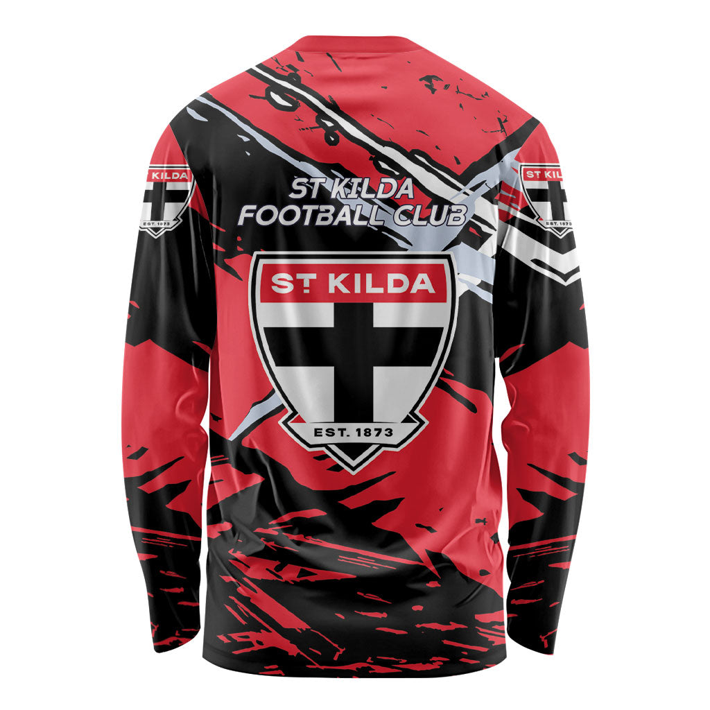 St Kilda Football Club Long Sleeve Shirt Saints Muscular Mascot Graphic - Abstract Paint Splatter Art