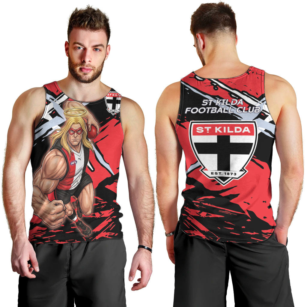 St Kilda Football Club Men Tank Top Saints Muscular Mascot Graphic - Abstract Paint Splatter Art