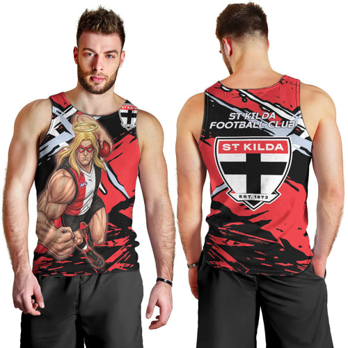 St Kilda Football Club Men Tank Top Saints Muscular Mascot Graphic - Abstract Paint Splatter Art