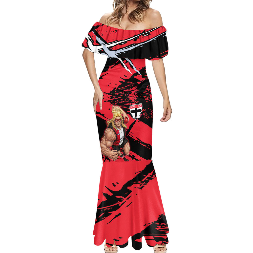 St Kilda Football Club Mermaid Dress Saints Muscular Mascot Graphic - Abstract Paint Splatter Art