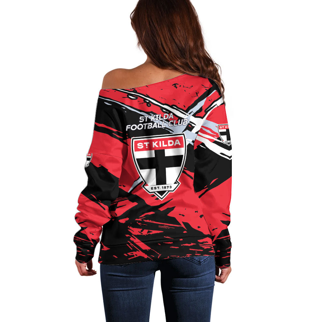 St Kilda Football Club Off Shoulder Sweater Saints Muscular Mascot Graphic - Abstract Paint Splatter Art