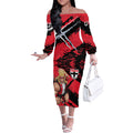 St Kilda Football Club Off The Shoulder Long Sleeve Dress Saints Muscular Mascot Graphic - Abstract Paint Splatter Art