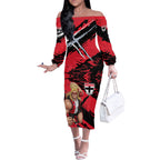 St Kilda Football Club Off The Shoulder Long Sleeve Dress Saints Muscular Mascot Graphic - Abstract Paint Splatter Art