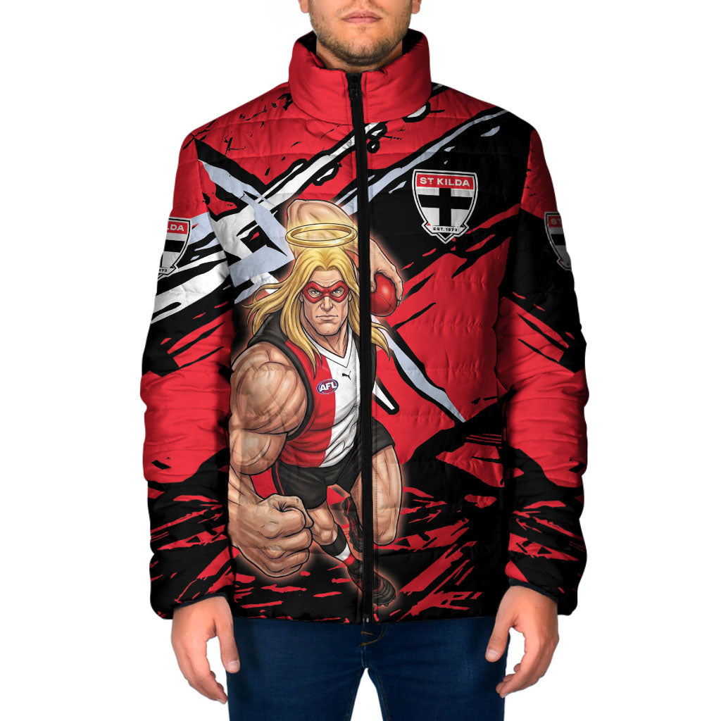 St Kilda Football Club Padded Jacket Saints Muscular Mascot Graphic - Abstract Paint Splatter Art