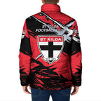 St Kilda Football Club Padded Jacket Saints Muscular Mascot Graphic - Abstract Paint Splatter Art