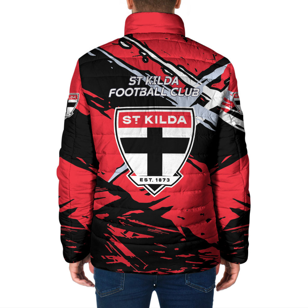 St Kilda Football Club Padded Jacket Saints Muscular Mascot Graphic - Abstract Paint Splatter Art