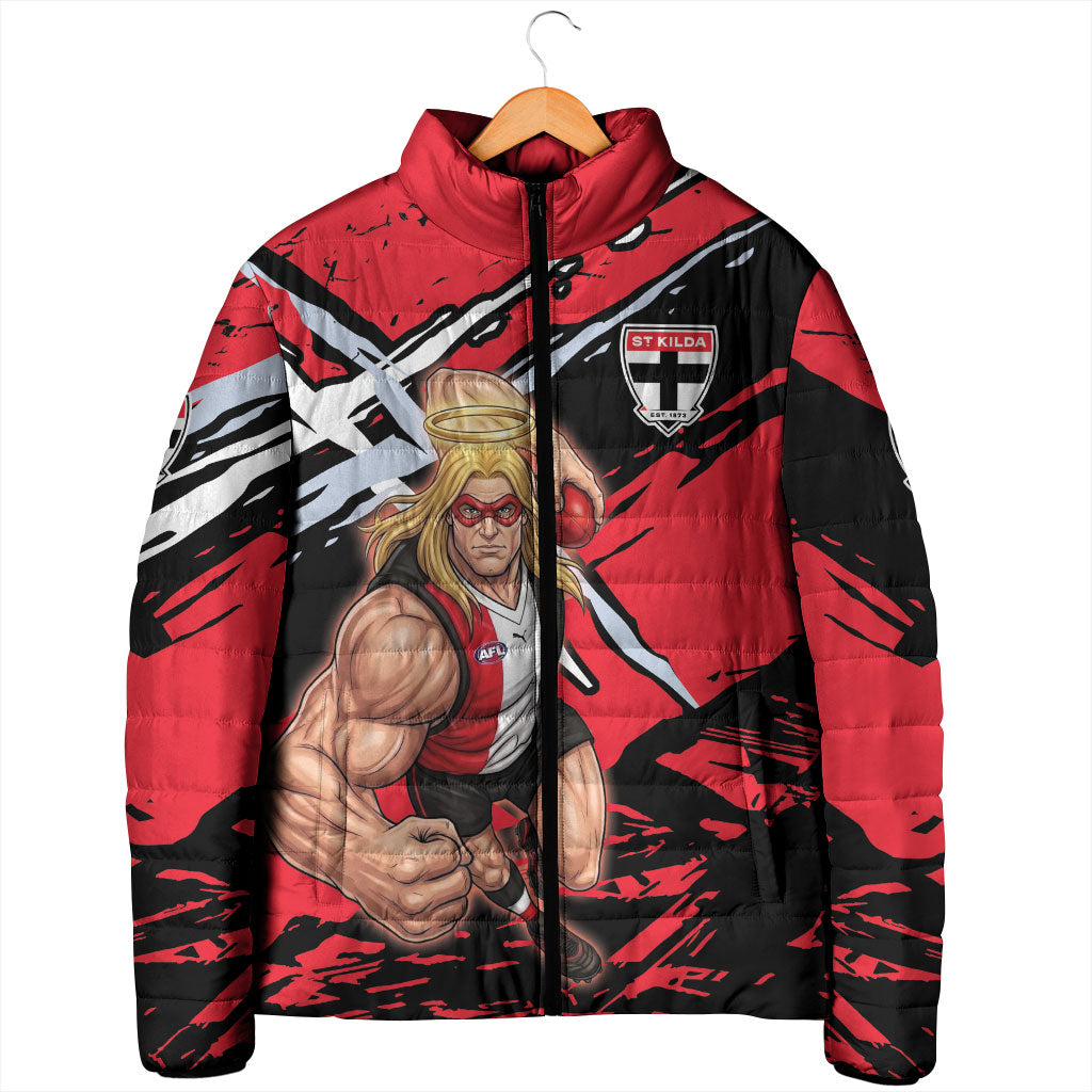 St Kilda Football Club Padded Jacket Saints Muscular Mascot Graphic - Abstract Paint Splatter Art