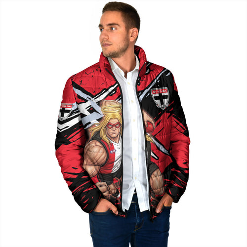 St Kilda Football Club Padded Jacket Saints Muscular Mascot Graphic - Abstract Paint Splatter Art