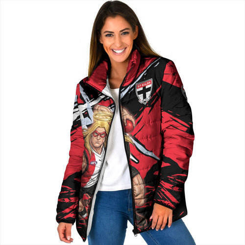 St Kilda Football Club Padded Jacket Saints Muscular Mascot Graphic - Abstract Paint Splatter Art