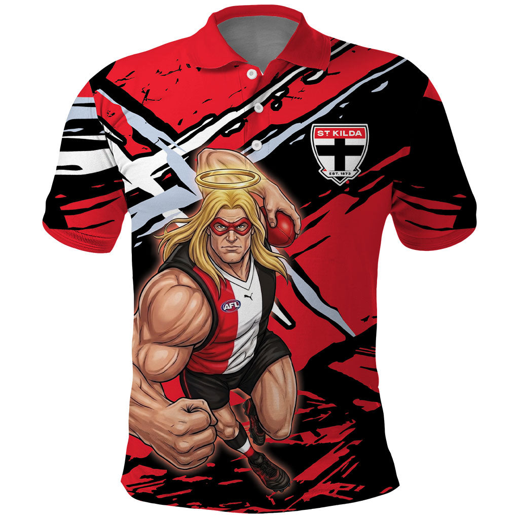 St Kilda Football Club Polo Shirt Saints Muscular Mascot Graphic - Abstract Paint Splatter Art