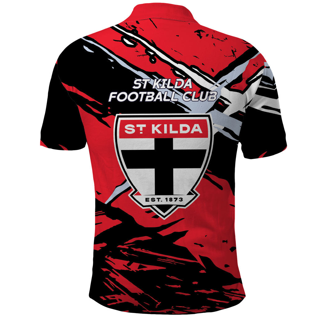 St Kilda Football Club Polo Shirt Saints Muscular Mascot Graphic - Abstract Paint Splatter Art