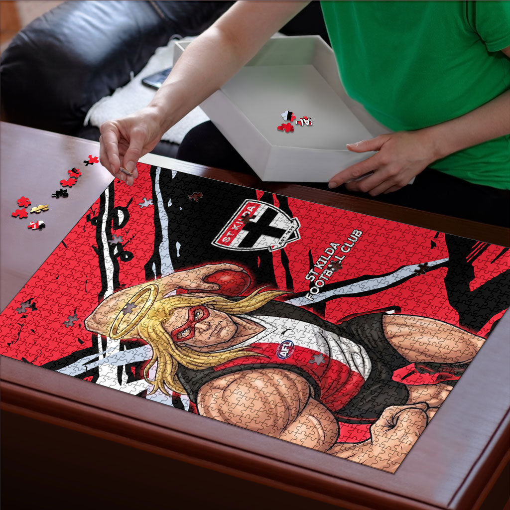 St Kilda Football Club Puzzle Saints Muscular Mascot Graphic - Abstract Paint Splatter Art