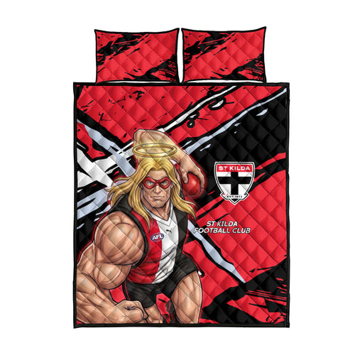 St Kilda Football Club Quilt Bed Set Saints Muscular Mascot Graphic - Abstract Paint Splatter Art