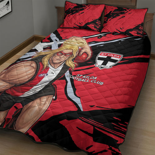 St Kilda Football Club Quilt Bed Set Saints Muscular Mascot Graphic - Abstract Paint Splatter Art