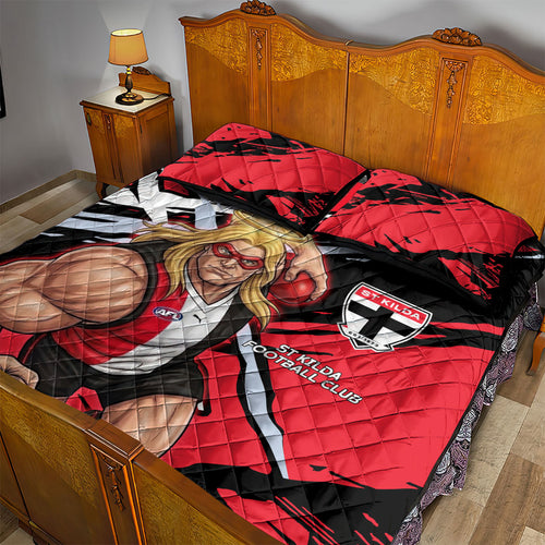 St Kilda Football Club Quilt Bed Set Saints Muscular Mascot Graphic - Abstract Paint Splatter Art