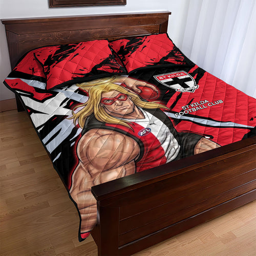 St Kilda Football Club Quilt Bed Set Saints Muscular Mascot Graphic - Abstract Paint Splatter Art