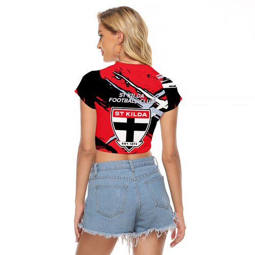 St Kilda Football Club Raglan Cropped T Shirt Saints Muscular Mascot Graphic - Abstract Paint Splatter Art