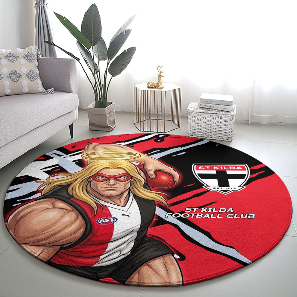 St Kilda Football Club Round Carpet Saints Muscular Mascot Graphic - Abstract Paint Splatter Art