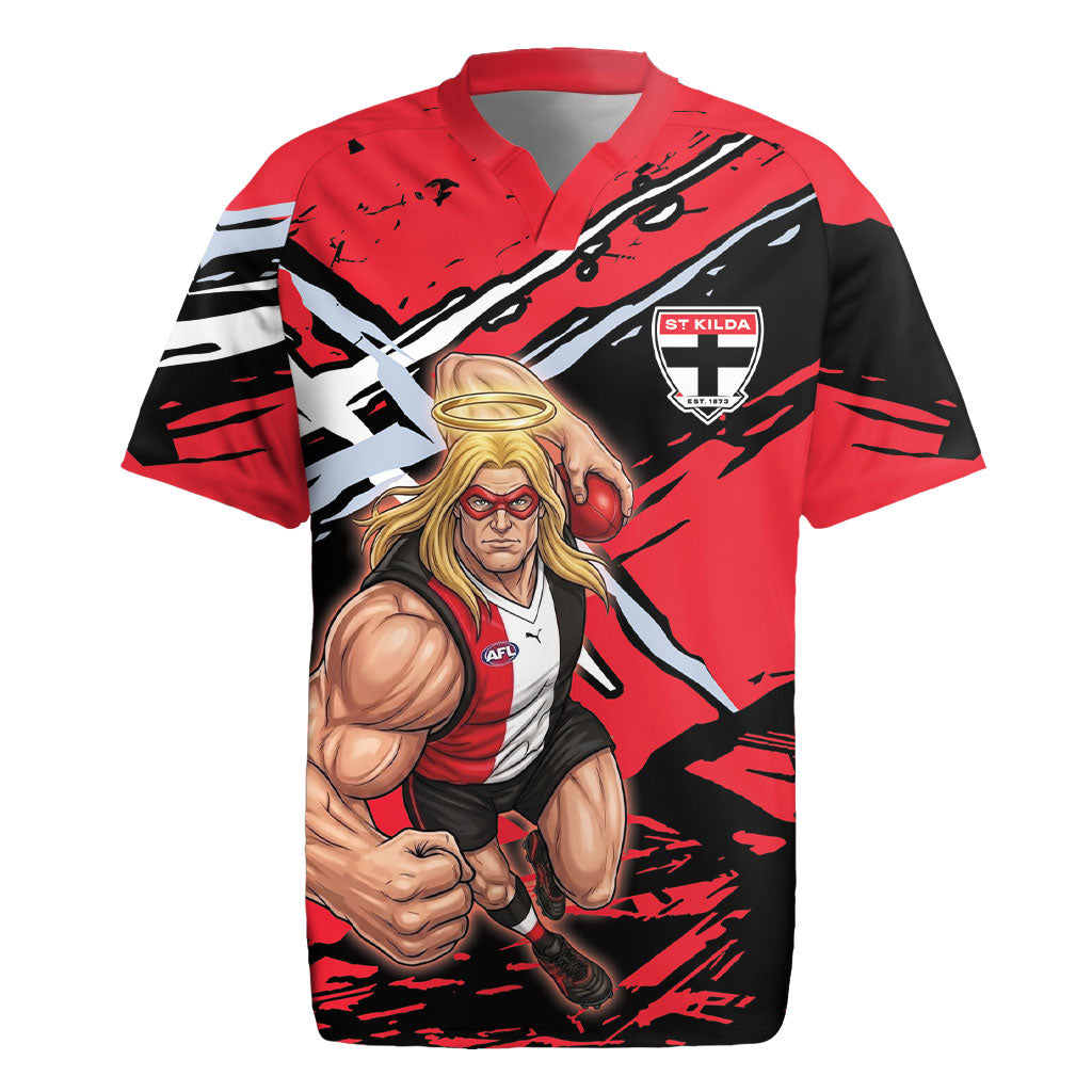 St Kilda Football Club Rugby Jersey Saints Muscular Mascot Graphic - Abstract Paint Splatter Art